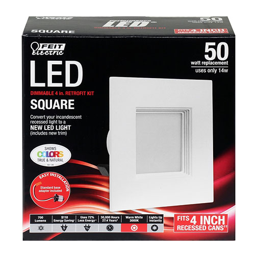 LED 4 Inch Square Recessed Kit - 14 Watt - 50W Equivalent - 700 Lumens - Feit Electric